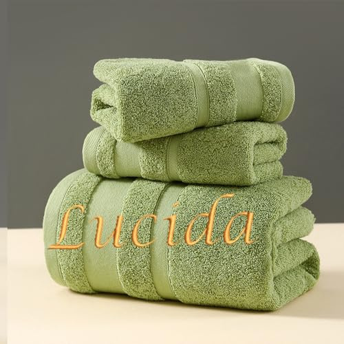 HDLOVE Personalisiertes 3er Set Handtücher Mit Namen Oder Wunschtext Bestickt, 3 Verschiedene Größen: 140 X 70 cm, 35 X 73 cm Und 35 X 35 cm，Weiche Baumwolle Für Bad, Küche & Dusche(Green)