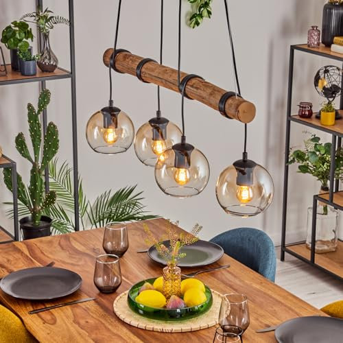 HOFSTEIN Pendelleuchte Koyoto, 4-flammige Hängelampe aus Metall/Holz/Glas in Schwarz/Natur/Bernstein/Klar, Hängeleuchte Boho mit Glasschirmen, Holzbalken, max 150cm, E27, Esszimmer, Wohnzimmer, Küche