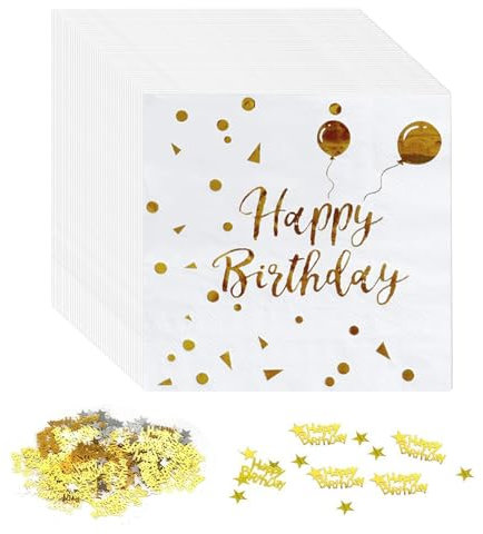 40 Stück Servietten Happy Birthday, Geburtstag Folierte Geburtstagsservietten mit Happy Birthday-Konfetti Weiß Gold Papierservietten Paper Napkins für Mädchen Junge Geburtstag (Weiß)
