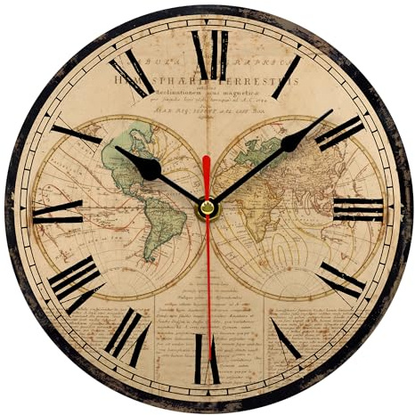 TAHEAT 20 cm Globe Weltkarte Wanduhr, Klein Vintage Landhausstil Uhr, Ohne Tickgeräusche Retro Wanduhren für Küche Wohnzimmer Schlafzimmer Badezimmer
