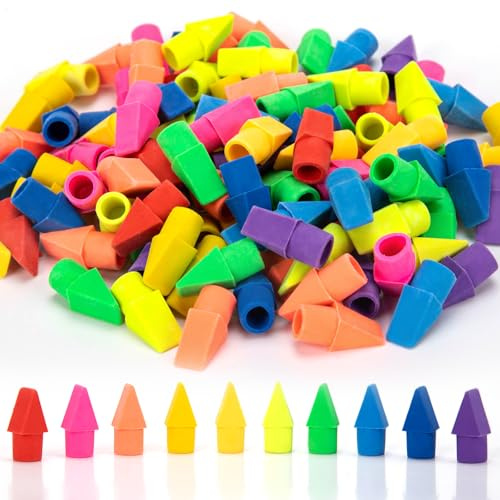 200 PCS Pencil Top Eraser, Cap Erasers for Pencils Chisel Shape Pencil Eraser, 10 Assorted Colors Erasers Latex Free Bulk Erasers Caps for Teachers Sudents Classroom Home and Office