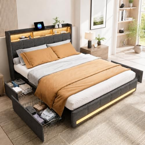 Letto Matrimoniale 160 X 200 con 4 Cassetti, Letto Imbottito con Contenitore, Testiera con Vano Portaoggetti e Funzione di Ricarica USB, senza Materasso, grigio