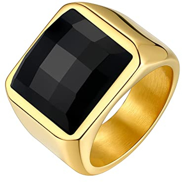 Bestyle Anillos Hombre Oro 18k Grande Anillo Sello Hombre Oro 18k Anillos de Sello Cuadrado Anillo Piedra Negra Anillos Acero Inoxidable Tamaño 19.75