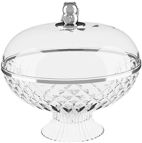 CUCUFA Fruit Bowl with Lid 10.2 Inch Plastic Silver-Edge Pedestal Bowl with Lucky Cat Handle Drain-Hole Fruit Basket for Storage Serving, Pedestal Bowl