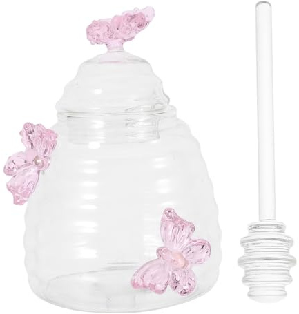 MOLUCKFU Honey and Unique Decorative Design Creative Pink with Lid and Dipper Glass Jar Freshness Preservation 500ml Honey Pot with Included Stirring Stick for Kitchen Use