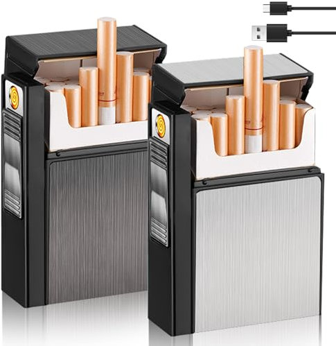 2-i-1 cigarettfodral med elektronisk cigarettändare i aluminium, påfyllningsbar, aluminiumcigarettfodral med tändare, elektronisk cigaretthållare, kan rymma 20 stycken