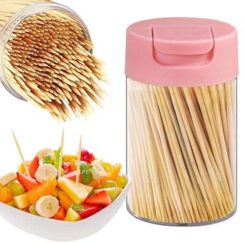 Paquete de 5 palillos de dientes de bambú de doble punta, con soporte reutilizable para palillos de dientes, para fiestas, aperitivos, aceitunas, barbacoas, frutas y limpieza de dientes (rosa)