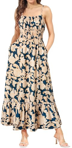 GRACE KARIN Ärmlös blommig klänning maxiklänning casual cami-klänning bohemisk klänning spagettiremmar smocked cocktailklänning volanger fritidsklänning strandklänning, Marinblå vita blommor, M