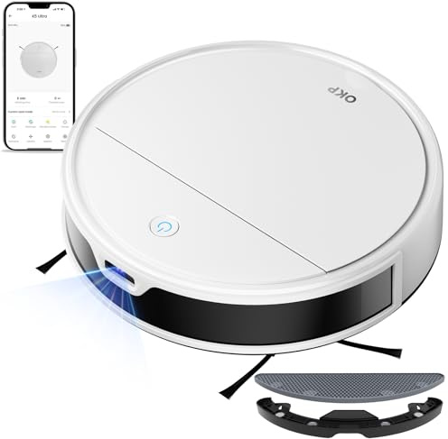 OKP Robot Aspirador, Mapeo Láser ToF，5500Pa, 190° PSD Evitación ，Caja de Polvo de 500 ML, 170 Min，App Control，Silencioso y Ultra Delgado, para Pelo Mascotas/Moqueta/Suelo Duro K5 Ultra Blanco