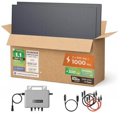 Solarway® 1000Wp / 800W Balkonkraftwerk komplett Steckdose - neuester EcoFlow Stream 800 Watt Wechselrichter - Solaranlage Komplettset - 500W bifaziale Black Solarmodule & EcoFlow & Zubehör