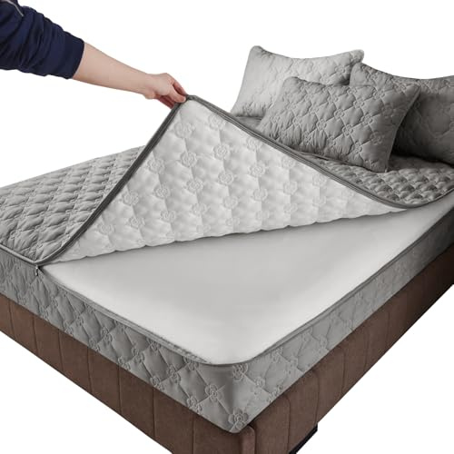 Matratzenüberzug 80/90/130/140 mit Reißverschluss Anpassbare Matratzenschoner Fünfseitig Gesteppt Encasing Spannbetttuch Weiche Spannbettlaken bis 5-40cm Bezug Topper für Matratzen(135X200+15cm,B)