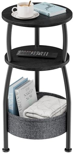 Yuede Round Side Table, 3 Tier Bedside Table, Small End Table with Fabric Basket, Coffee Table for Living Room, Bed Room, Small Space, Easy Assembly(Black)