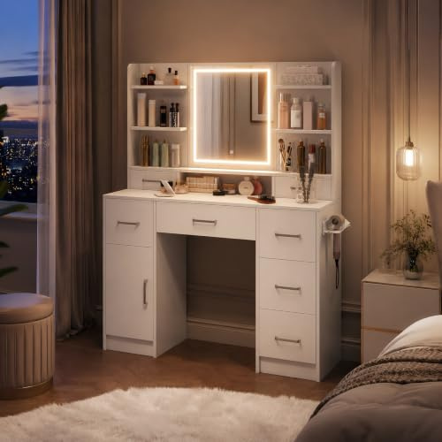 HFASD Tocador con iluminación, tocador con Espejo, 7 cajones, 7 estantes Abiertos, Puertas de tocador, Enchufe, Soporte para secador de Pelo, tocadores, Mesa cosmética Moderna para Dormitorio