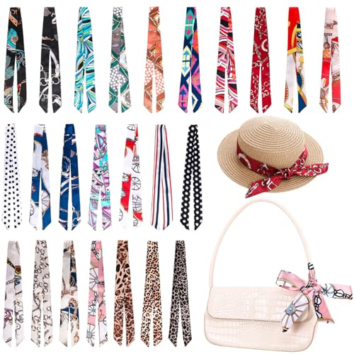 JATEBI 24 Pcs Women Handbag Head Scarf Band Narrow Hair Purse Neck Scarf Ribbon Satin Head Neckerchief Silk Headband Charm for Gifts Retro