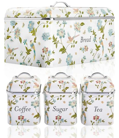 Laura Ashley VQ EEJB454 Bread Bin Removable Lid, Stainless Steel and Set of 3 Canisters With Hand Applied Elveden White Print VQBB66CLAWUK / VQBB25LAEWUK