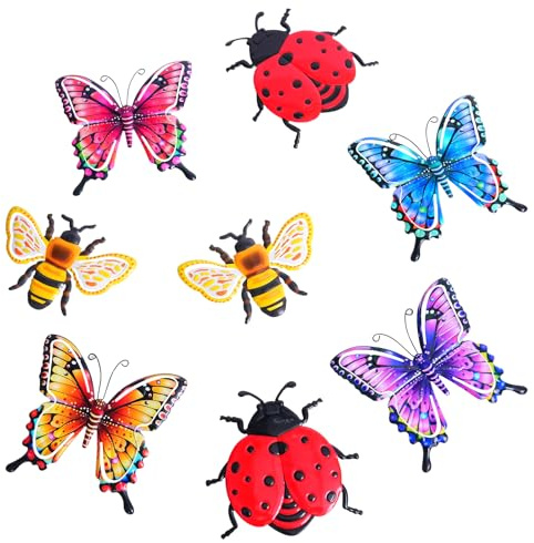 DEWEL 8 Pcs Garden Wall Art Decorations, 3D Butterfly Ladybug Bee Garden Decor, Outdoor Indoor Metal Garden Ornaments, Outside Garden Backyard Patio Fence Hanging Decorations