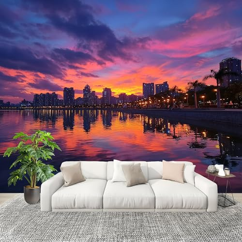 Papel Pintado Infantil Habitación 250x175 cm Atardecer Ciudad Paisaje Fotomurales Pared Tejido No Tejido Decorativos Murales Fotográfico PúRpura Moderno Decoración de Paredes