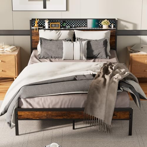 KUTAS Bett 140 x 200 cm, Bettgestell 140 x 200 mit Stauraum-Kopfteil & LED-Lichtern, Metallbett mit 3 USB & 1 Typ-C, 14 Reihen Metalllatten & ohne Boxspringmatratze, Stauraum unter dem Bett, Braun