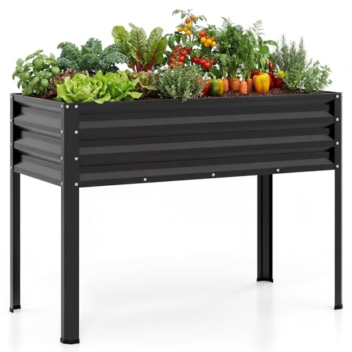 COSTWAY Jardinière Surélevée en Métal 142 L, Carré Potager sur Pied avec Trous Drainage, pour Balcon Terrasse Cour, Lit de Jardin Surélevé pour Légumes Fleurs Fruits, 112 x 55 x 81 cm (Noir)