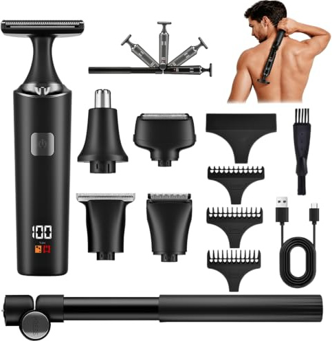 Back Shavers for Men, 5-in-1 Body Hair Trimmer with Extendable Long Handle | Painless, Adjustable & Waterproof, Self-Service, Cordless Electric Back Razor & Grooming Kit for Back, Chest, Shoulders