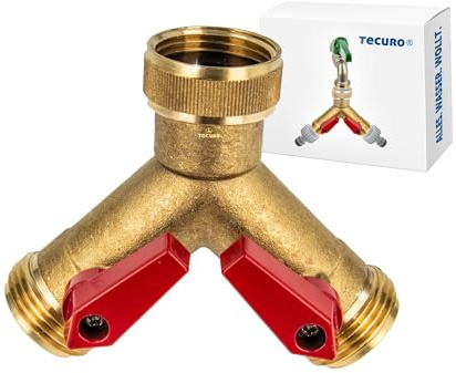 tecuro 2-Wege Y-Verteilerstück 1 Zoll (DN20), 2 Abgänge, einzeln absperrbar durch Kugelventile, schwere Ausführung, Messing blank