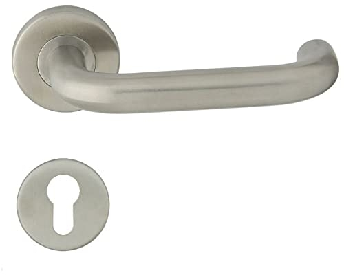 domino Türgriff UNO-R INOX PZ-Profilzylinder, Edelstahl Drückergarnitur für Zimmertüren, Türdrücker-Set, Rosetten-Garnitur, Türklinke, Türbeschläge, Rund-Rossette, L-Form
