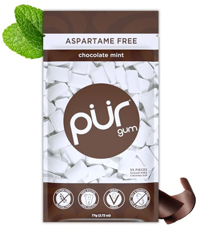 PUR Gum, Gomma Da Masticare Senza Zucchero, Con Xilitolo, Vegana, Senza Aspartame e Senza Glutine, Gomma Naturale Al Sapore Di Chocolate Mint, 55 Pezzi, Confezione da 1