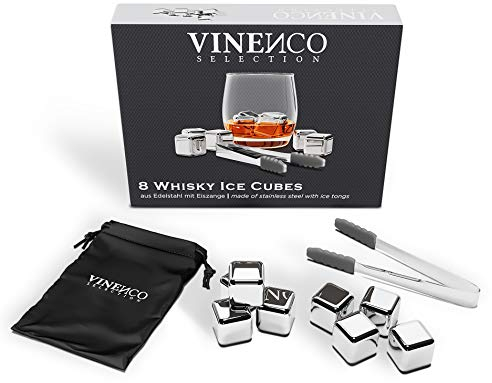Cubetti di Ghiaccio Riutilizzabili, Set Pietre Acciaio & Basalto da Whisky Refrigeranti + Pinza + Bustina | Aperitivo Accessori Bar: Cocktail Whiskey Ice Cube Stone Kit, Idea Regalo Donna Uomo Festa