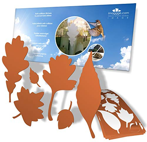 Window and Bird Protection - Anti-Collision Stickers to Prevent People and Bird Strikes on Window Glass - Set of 39 Tree Leaves Decals - Color: Nut Brown