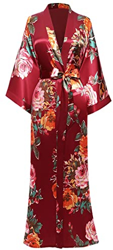 BABEYOND Vestaglia estiva da donna, motivo floreale, kimono, abito lungo da donna, con fiori, accappatoio, per ragazze, pigiama party, lunghezza 135 cm, rosso vivo, taglia unica-L