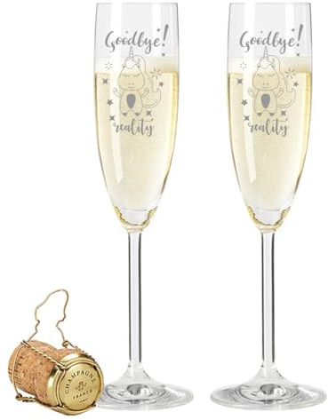GRAVURZEILE Leonardo Sektgläser mit Gravur - Goodbye Reality - Lustige Spruchgläser mit Einhorn Motiv als Geschenk im 2er Set - Geschenke für Sie & Ihn - Geeignet für Sekt & Champagner