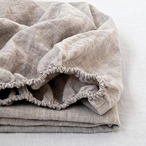 Simple&Opulence 100% Linen Fitted Sheet King(1 Piece), 14 Inch Deep Pocket Mattress Cover Natural French Flax Stone Washed Farmhouse Soft Breathable Bottom Sheets-Linen