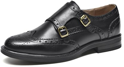 BEAU TODAY Women's Oxfords, Leather Monk Strap Brogue Shoes for Women, Casual Wingtip Dress Oxford Shoes Comfort Business Double Buckles Slip-on Black 8.5