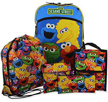 Sesame Street Boys Girls 5 piece Backpack Lunch Bag and Snack Bag School Set (One Size, Blue/Multi)