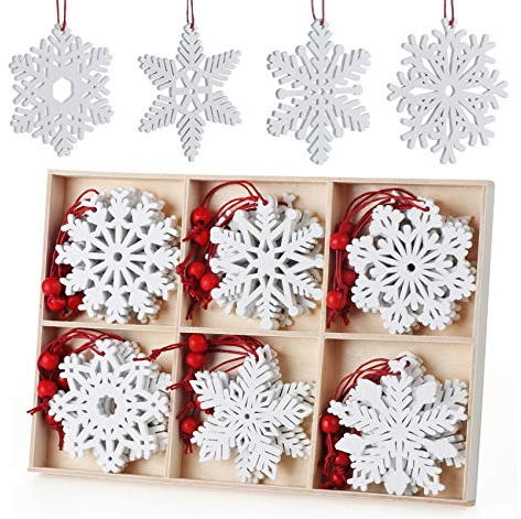 Anstore 30 Stück Christbaumschmuck Holz Schneeflocke Weihnachtsbaum Hängende Ornamente weiß Verzierung Holzscheiben (7cm)