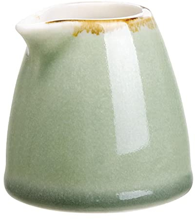 Olympia Kiln Porcelain Milk Jugs 96ml Pack of 6, Moss Green, 96 ml | Fully vitrified clay meets BS4034 standards for heavy commercial use; features hand-painted rims and reactive glaze.