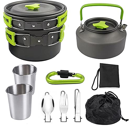 JSCARLIFE Lot de 10 ustensiles de cuisine pour camping, marmite et poêle de camping avec bouilloire, ensemble de cuisine portable léger accessoire pour randonnée, plein air et pique-nique (vert)