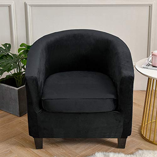 Highdi Sesselschoner 2 Teilige Samt Plüsch Sesselbezug, Stretch Tub Chair Sesselhussen mit Armlehne, Club Sesselüberwurf für Clubsessel Loungesessel Cocktailsessel (Schwarz)
