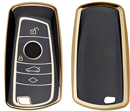 kwmobile Autoschlüssel Hülle kompatibel mit BMW 3-Tasten Funk Autoschlüssel (nur Keyless Go) - Schlüsselhülle Silikon Cover - Schwarz Gold