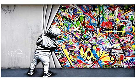Banksy Street Graffiti-Kunst-Wand-Dekor Pop-Art Moderne Leinwanddrucke Wohnzimmer Gerahmt Fertig zum Aufhängen 50x90cm (20x35in) Mit Rahmen
