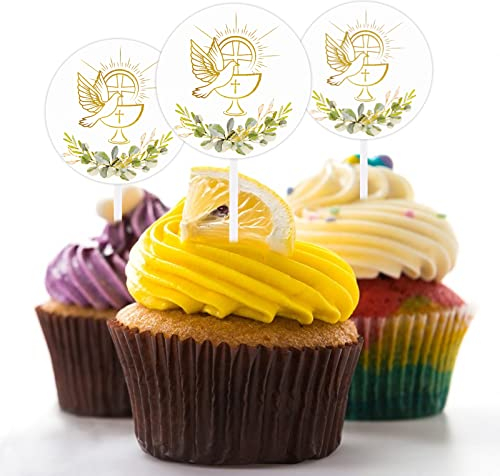BETESSIN 24 Stücke Kommunion Cupcake Topper Konfirmation Tortendeko Taube Kreuz Tortenstecker für Kuchen Fondant Dessertdeko
