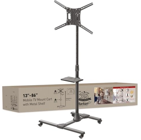 Barkan Rollen TV Wagen 13-86 Zoll Neigbare & Höhenverstellbar TV Ständer, hält bis 56Kg, Feststellbare Räder, 5 Jahre Garantie, Trolley, für LED OLED LCD, Max. VESA 600x400, Fernseher Halterung