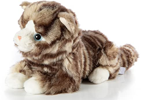 Uni-Toys - Chat Domestique Gris tigré, couché - 25 cm (Longueur) - Chat en Peluche - Doudou