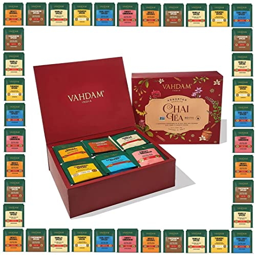 VAHDAM, Coffret Cadeau Assorti De Thé Chai (6 Saveurs, 36 Sachets) Sans Gluten, Sans OGM | Coffret Infusion De Thé | Indien Masala Chai | Sachets de Thé en Feuilles | Cadeau pour Femme et Homme