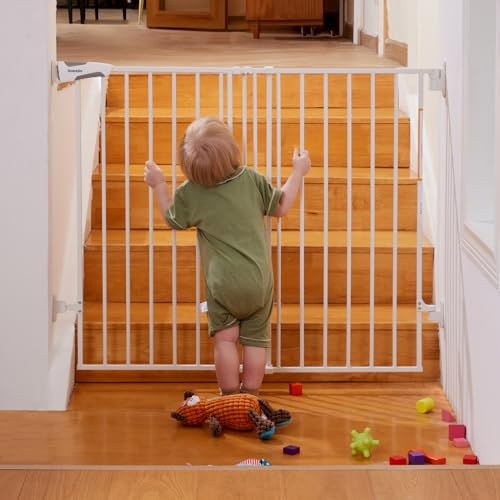 Babelio Baby Gate for Stairs & Doorways, 26-43 W 34 H Extra Tall| No Bottom Bar| Easy Installation| One-handed Operation| Auto-close| Hardware Mount (Drill Needed) Safety Dog/Pet Gate Indoor (White)