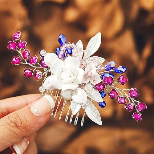 IYOU Peine de Pelo de Boda de Flores Accesorios para el Cabello de Cristal Rosa Hoja Perla Tocado de Novia de Baile para Mujeres