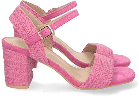 shoes&blues.es 74662 Sandalia de Tacon Medio para Mujer, Comodo, Forrado de Yute, Pala Fina, y Cierre de Hebilla Fucsia Talla 39