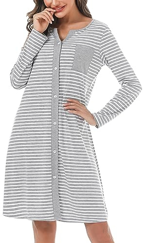 Marvmys Chemise De Nuit Femme Manches Longues Coton Chemises De Nuit Femmes Col en V avec Boutons Devant Vêtement De Nuit Doux Rayée Manche Hiver Vêtement D'Intérieur