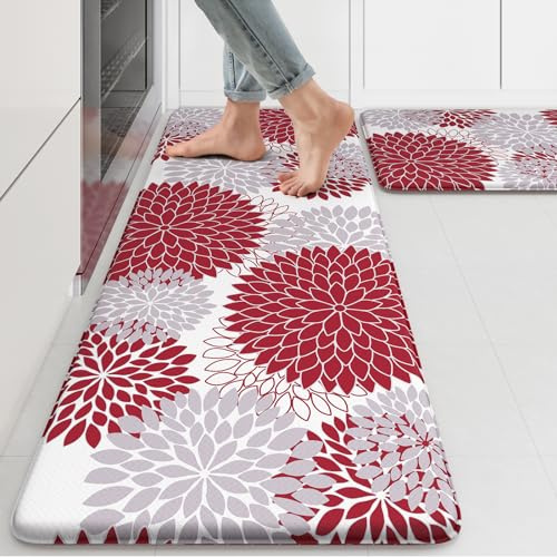 Anti Fatigue Kitchen Mats for Floor 2PCS,17x47+17x29 Farmhouse Dahlia Kitchen Rugs Non Slip Rubber Backing,Waterproof Cushioned Standing Mat for Office,Laundry,Sink,Desk,Red