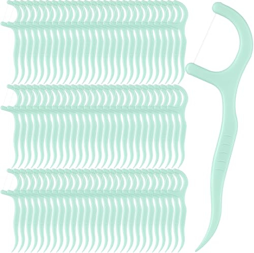 Baderke 200 Count Floss Picks Bulk Non Breakable Tooth Picks Flosser Dental Floss Sticks for Adults Teeth Cleaning Dental Flossers for Family Pack Travel (Light Green)